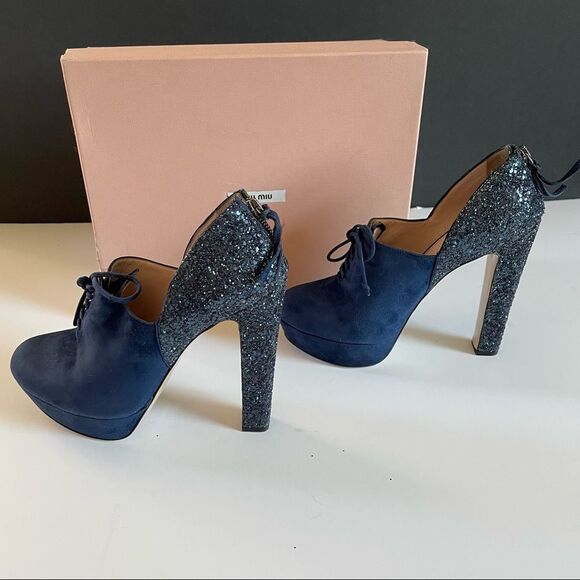 Miu Miu Calzature Donna Oltremare Blue Camoscio Glitter Ankle Bootie Platform - Picture 3 of 8